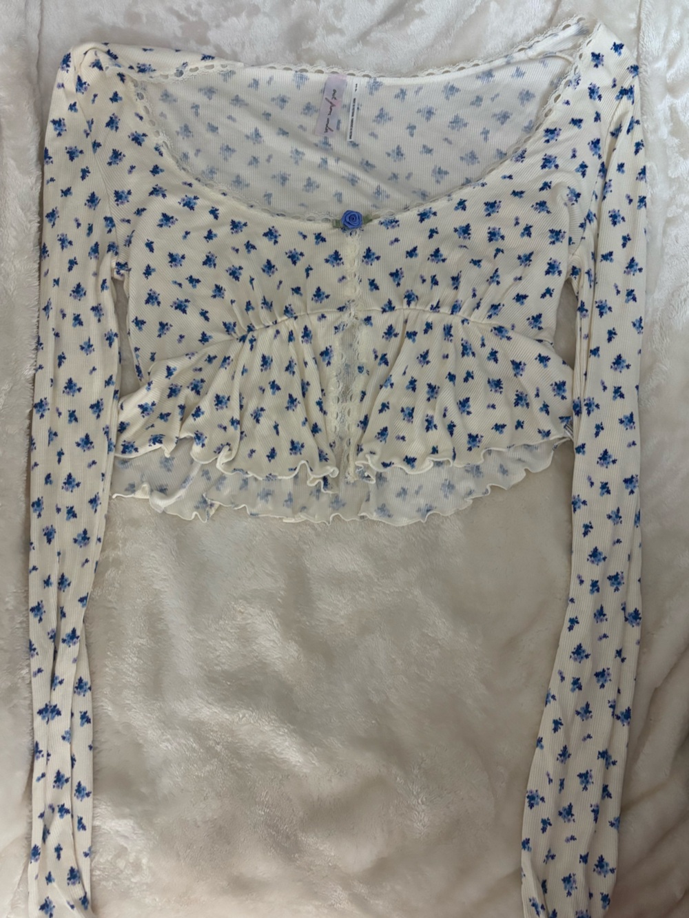 Urban Outfitters White Floral Ruffle Long-Sleeve Crop Top with Blue Print